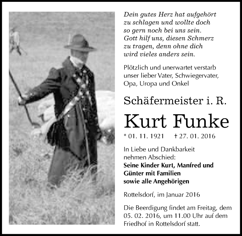  Traueranzeige für Kurt Funke vom 30.01.2016 aus Mitteldeutsche Zeitung Mansfelder Land