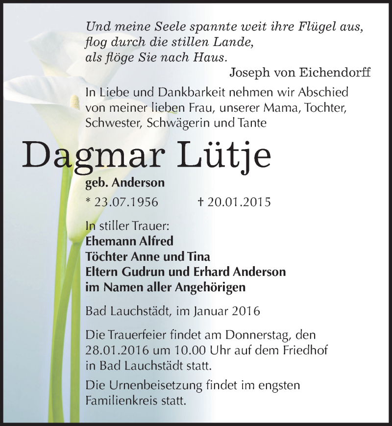  Traueranzeige für Dagmar Lütje vom 23.01.2016 aus Mitteldeutsche Zeitung Merseburg/Querfurt