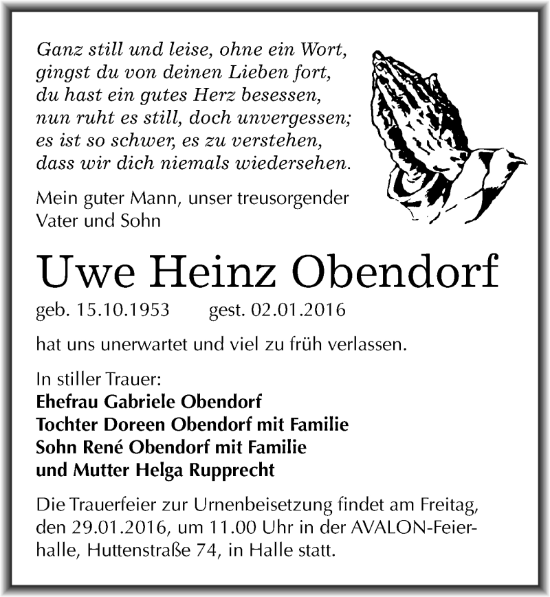  Traueranzeige für Uwe Heinz Obendorf vom 23.01.2016 aus Mitteldeutsche Zeitung Halle/Saalkreis