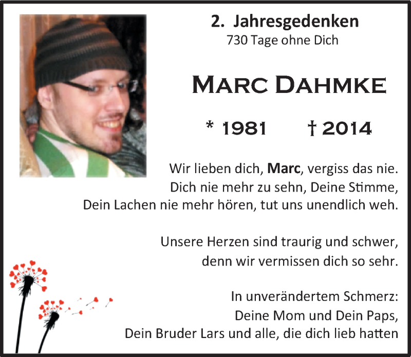  Traueranzeige für Marc Dahmke vom 28.01.2016 aus Mitteldeutsche Zeitung Halle/Saalkreis