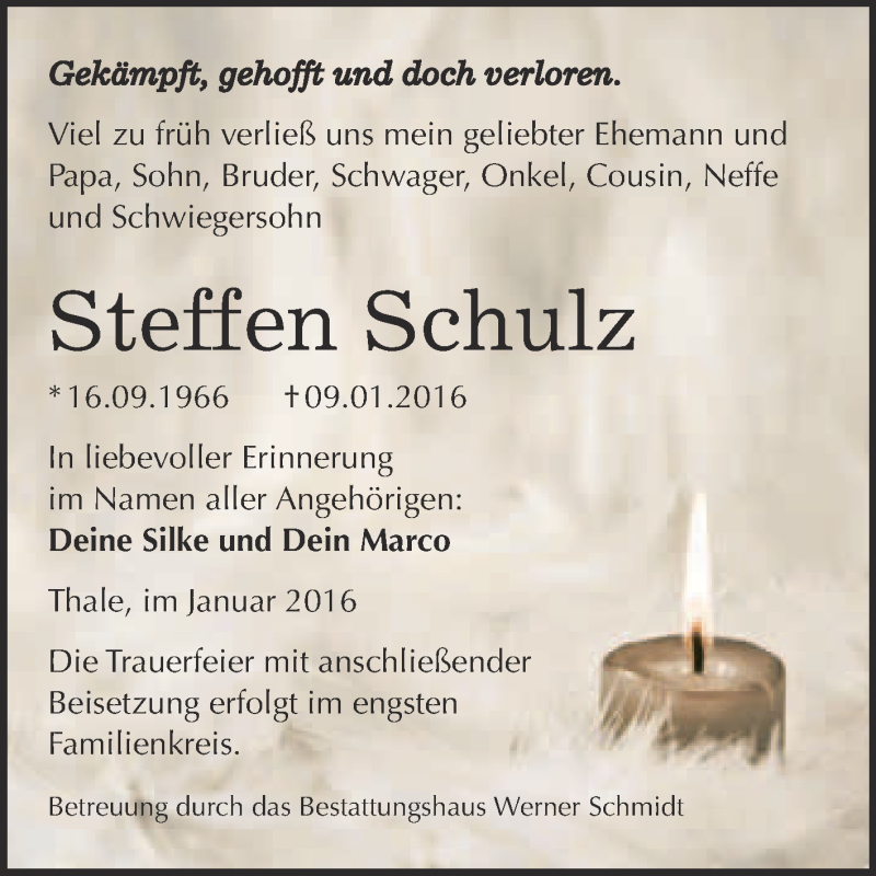  Traueranzeige für Steffen Schulz vom 16.01.2016 aus WVG - Wochenspiegel Quedlinburg