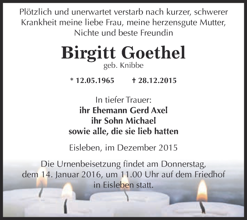  Traueranzeige für Birgitt Goethel vom 13.01.2016 aus Wochenspiegel Mansfelder Land