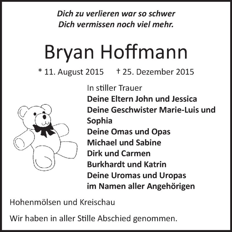  Traueranzeige für Bryan Hoffmann vom 13.01.2016 aus WVG - Wochenspiegel NMB / WSF / ZTZ