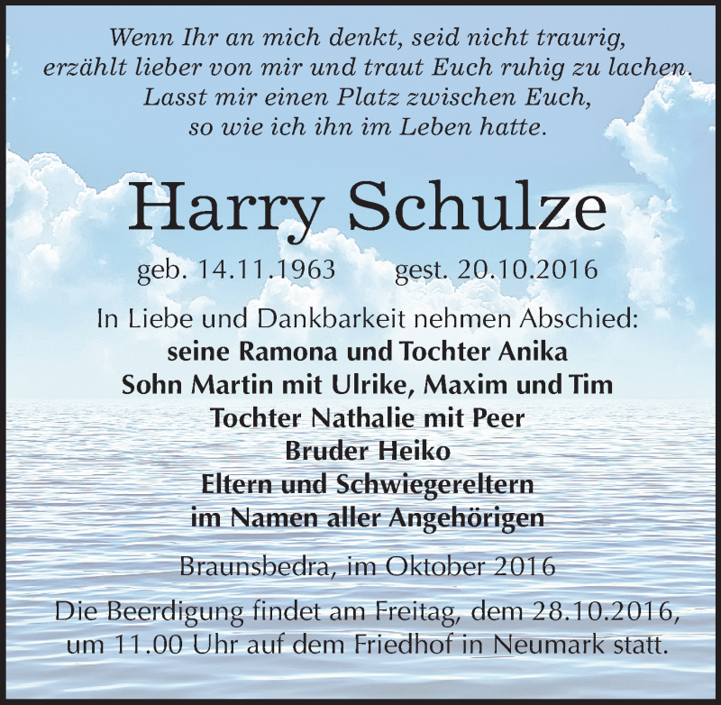  Traueranzeige für Harry Schulze vom 25.10.2016 aus Mitteldeutsche Zeitung Merseburg/Querfurt