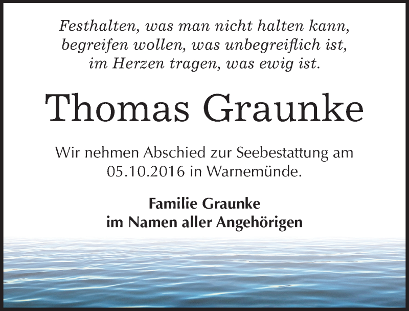  Traueranzeige für Thomas Graunke vom 01.10.2016 aus Mitteldeutsche Zeitung Bitterfeld