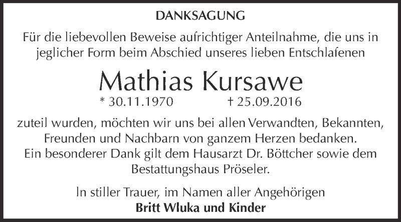  Traueranzeige für Mathias Kursawe vom 15.10.2016 aus Super Sonntag Bernburg
