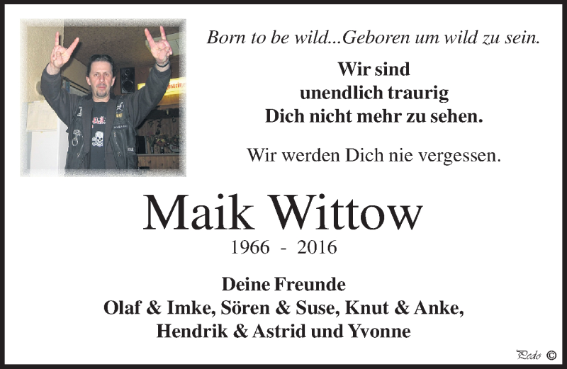  Traueranzeige für Maik Wittow vom 28.10.2016 aus Mitteldeutsche Zeitung Zeitz