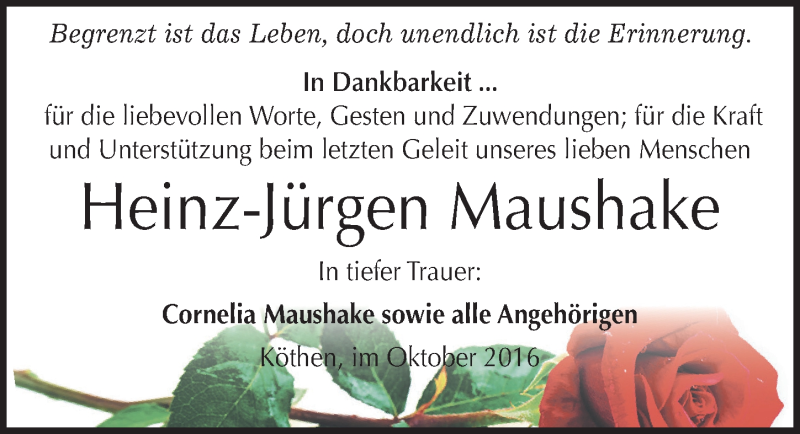  Traueranzeige für Heinz-Jürgen Maushake vom 07.10.2016 aus Mitteldeutsche Zeitung Köthen