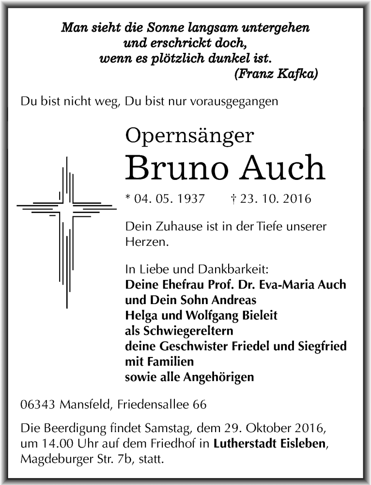  Traueranzeige für Bruno Auch vom 27.10.2016 aus Mitteldeutsche Zeitung Mansfelder Land