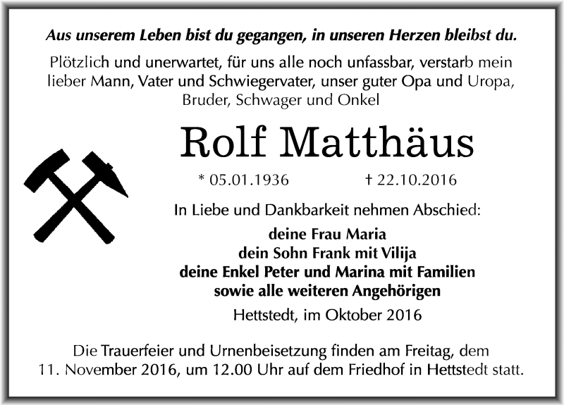  Traueranzeige für Rolf Matthäus vom 28.10.2016 aus Mitteldeutsche Zeitung Mansfelder Land