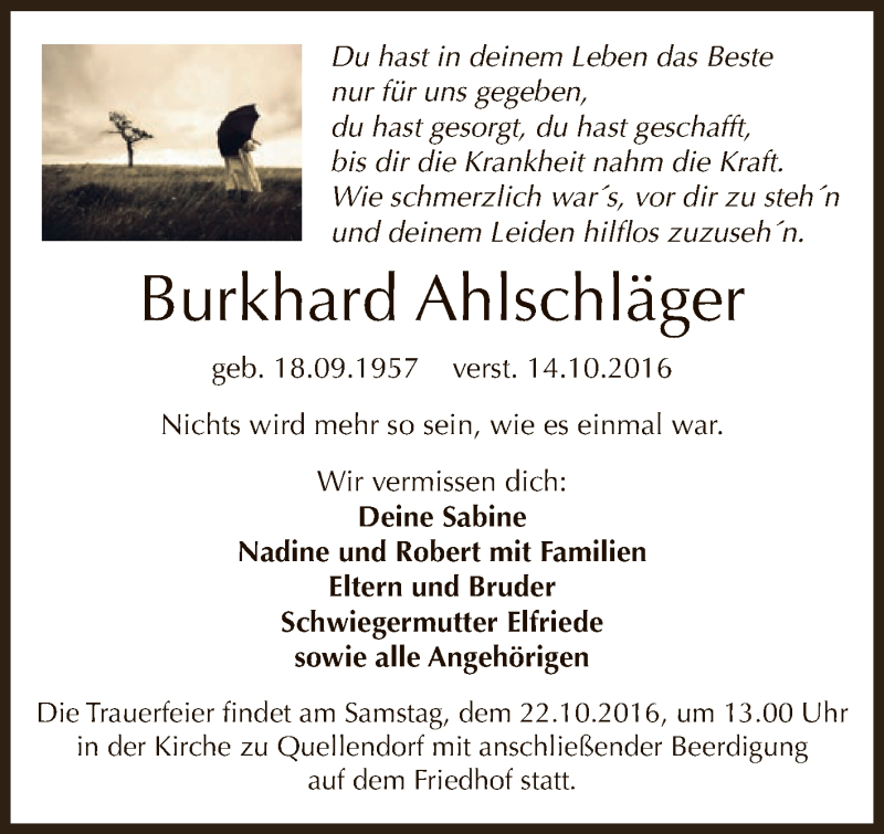  Traueranzeige für Burkhard Ahlschläger vom 19.10.2016 aus WVG - Wochenspiegel Dessau / Köthen