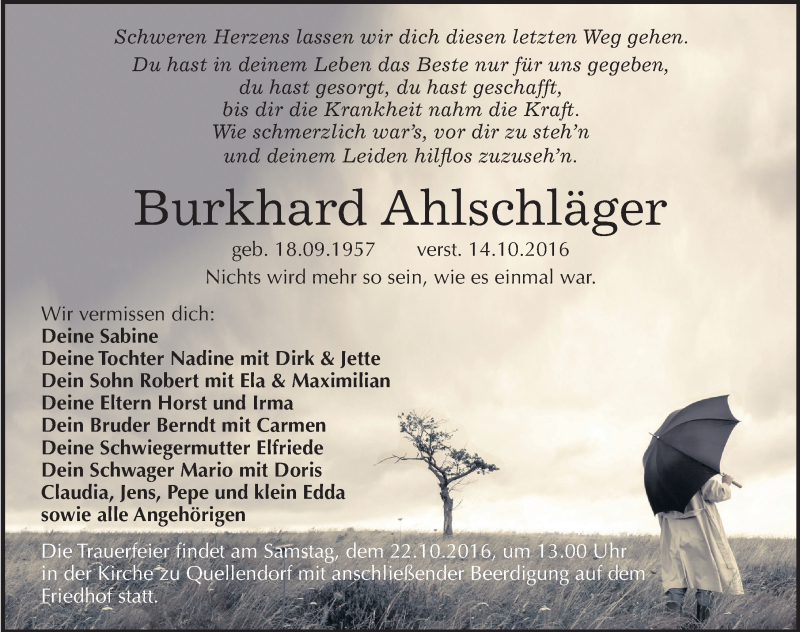  Traueranzeige für Burkhard Ahlschläger vom 18.10.2016 aus Mitteldeutsche Zeitung Köthen