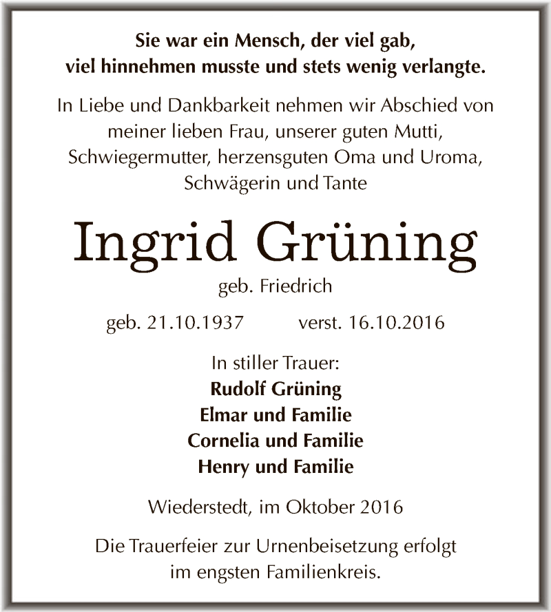  Traueranzeige für Ingrid Grüning vom 22.10.2016 aus Super Sonntag SGH Mansf. Land