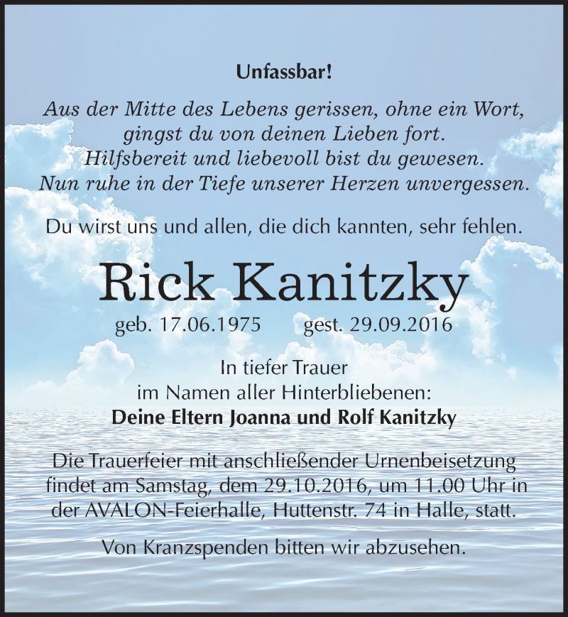  Traueranzeige für Rick Kanitzky vom 15.10.2016 aus Mitteldeutsche Zeitung Halle/Saalkreis