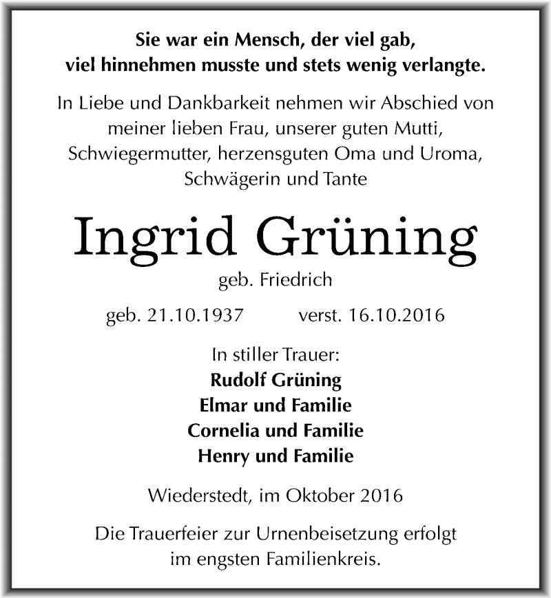  Traueranzeige für Ingrid Grüning vom 25.10.2016 aus Mitteldeutsche Zeitung Mansfelder Land