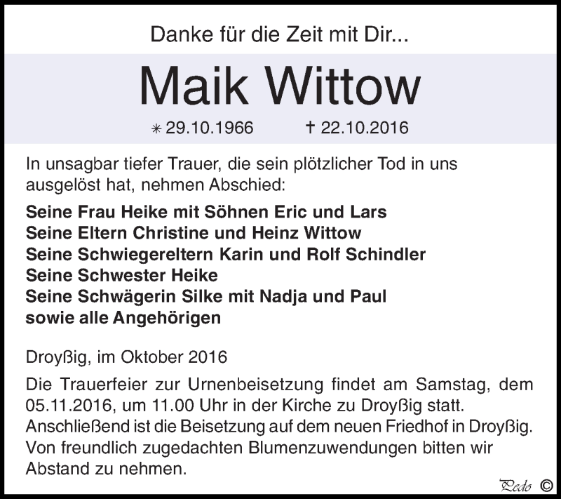  Traueranzeige für Maik Wittow vom 29.10.2016 aus Super Sonntag Zeitz