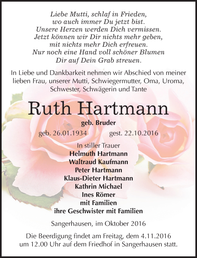  Traueranzeige für Ruth Hartmann vom 28.10.2016 aus Mitteldeutsche Zeitung Sangerhausen