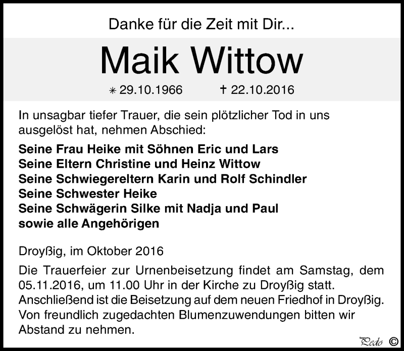  Traueranzeige für Maik Wittow vom 28.10.2016 aus Mitteldeutsche Zeitung Zeitz