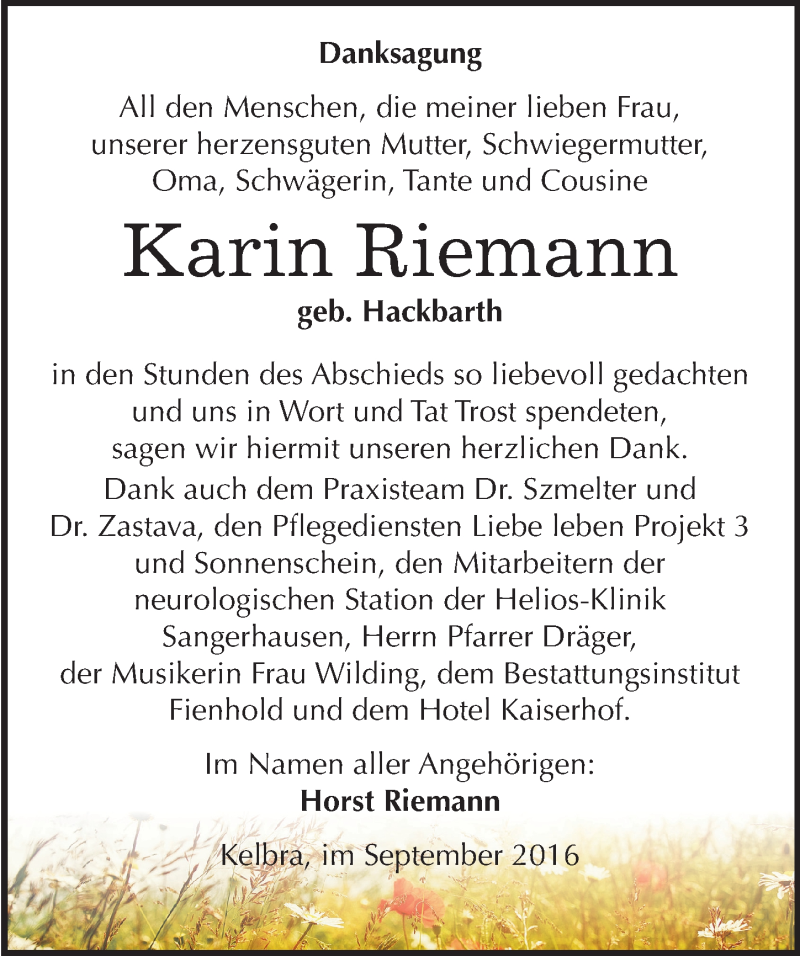  Traueranzeige für Karin Riemann vom 01.10.2016 aus Mitteldeutsche Zeitung Sangerhausen