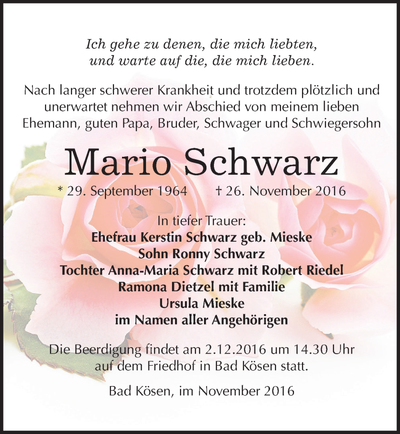  Traueranzeige für Mario Schwarz vom 30.11.2016 aus Mitteldeutsche Zeitung Naumburg/Nebra