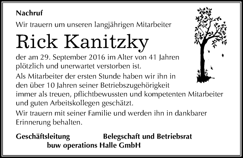  Traueranzeige für Rick Kanitzky vom 05.11.2016 aus Mitteldeutsche Zeitung Halle/Saalkreis