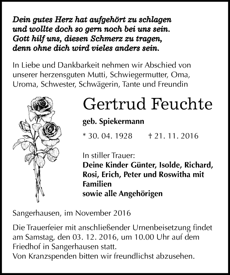  Traueranzeige für Gertrud Feuchte vom 26.11.2016 aus Mitteldeutsche Zeitung Sangerhausen