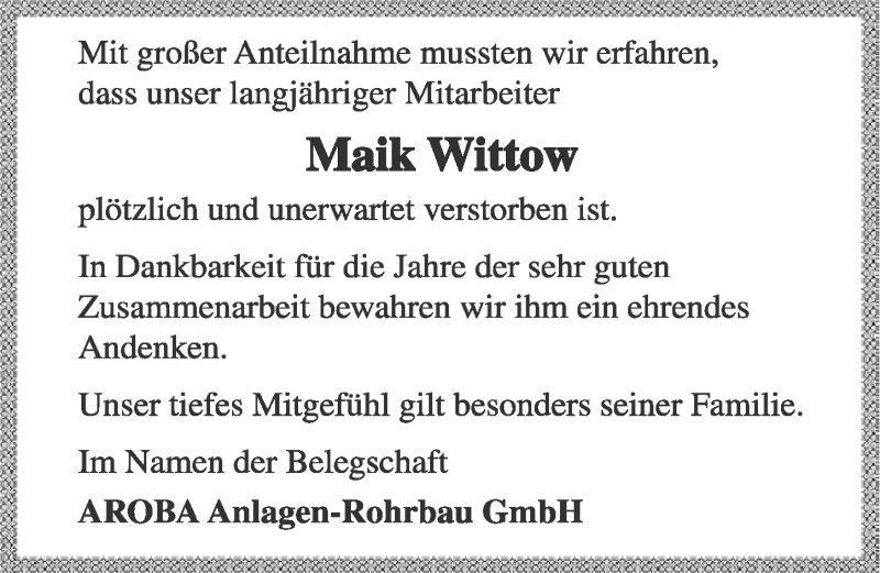 Traueranzeige für Maik Wittow vom 04.11.2016 aus Mitteldeutsche Zeitung Zeitz