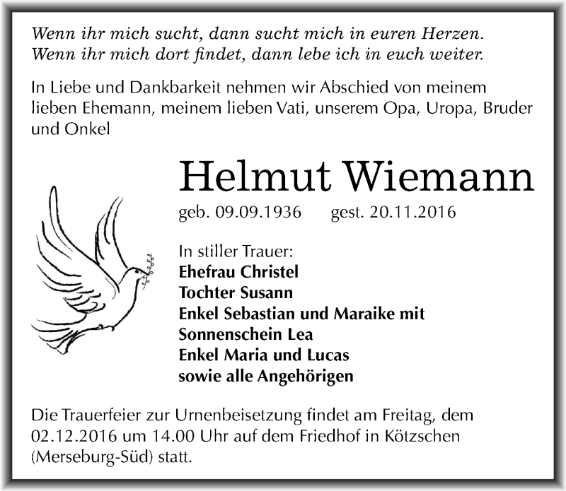  Traueranzeige für Helmut Wiemann vom 26.11.2016 aus Mitteldeutsche Zeitung Merseburg/Querfurt