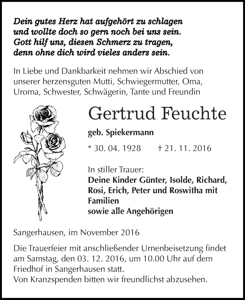  Traueranzeige für Gertrud Feuchte vom 26.11.2016 aus Super Sonntag SGH Mansf. Land