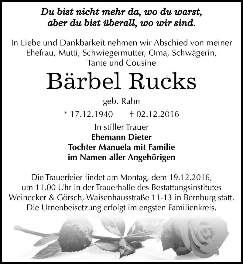  Traueranzeige für Bärbel Rucks vom 10.12.2016 aus Mitteldeutsche Zeitung Bernburg