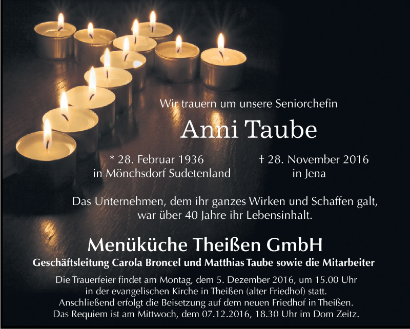  Traueranzeige für Anni Taube vom 03.12.2016 aus Super Sonntag Zeitz