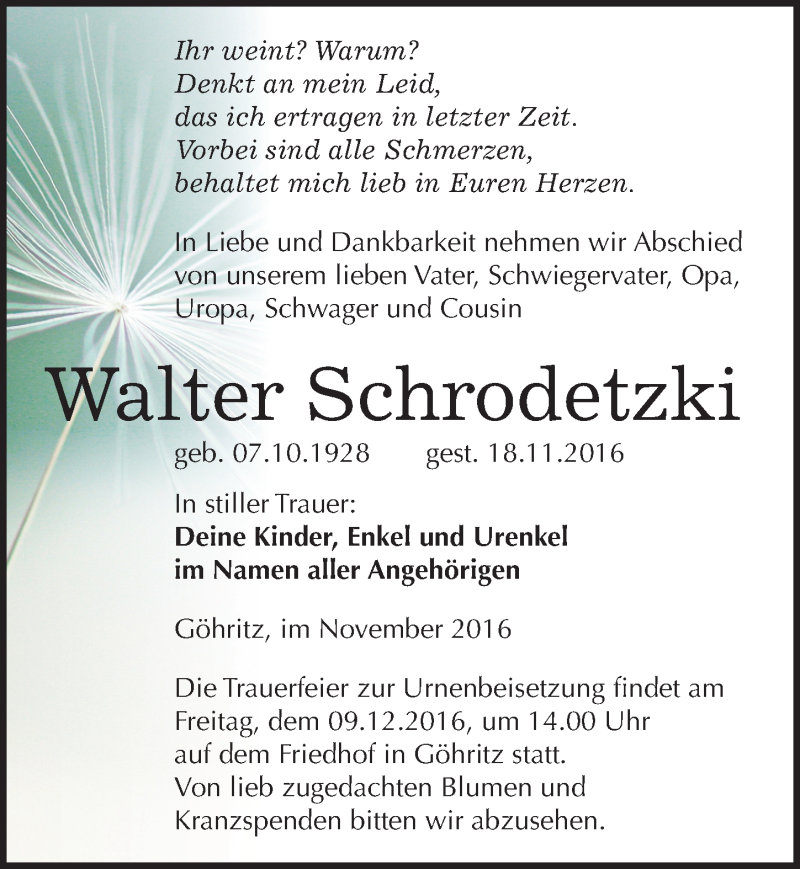  Traueranzeige für Walter Schrodetzki vom 03.12.2016 aus Mitteldeutsche Zeitung Merseburg/Querfurt