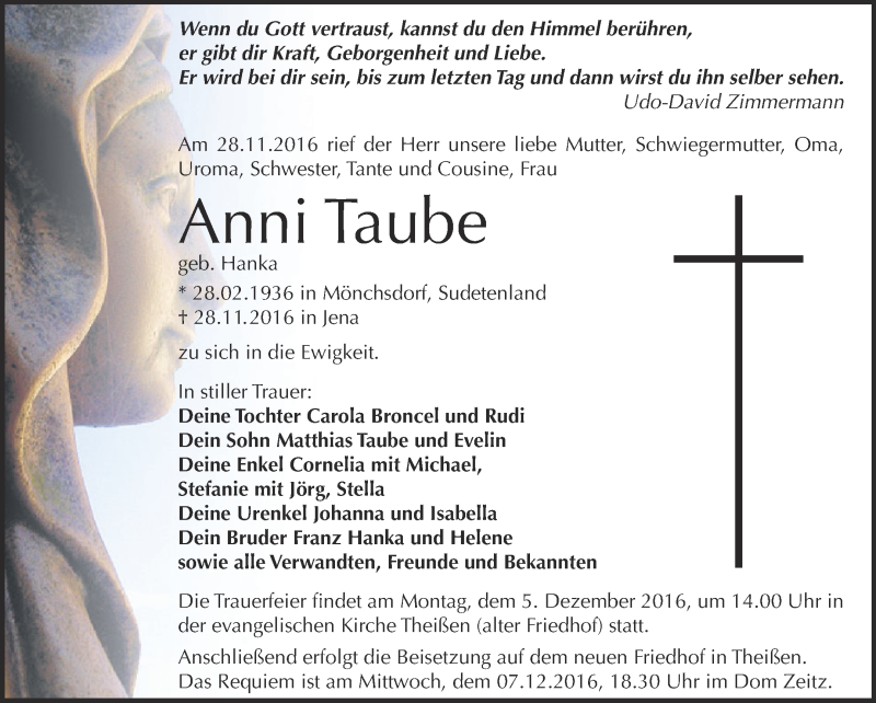  Traueranzeige für Anni Taube vom 03.12.2016 aus Super Sonntag Zeitz