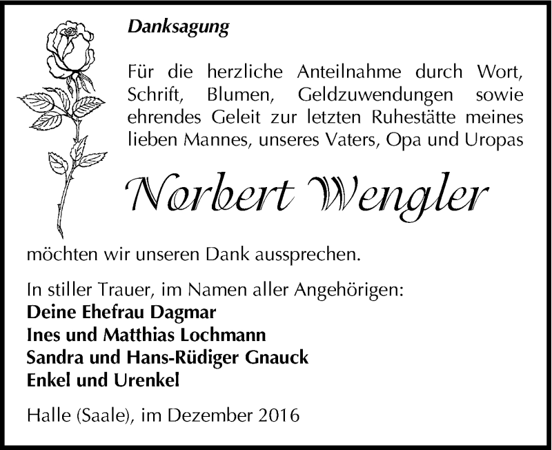  Traueranzeige für Norbert Wengler vom 24.12.2016 aus Mitteldeutsche Zeitung Halle/Saalkreis
