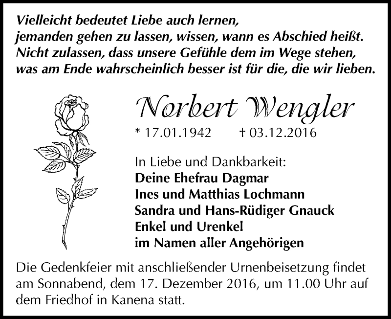  Traueranzeige für Norbert Wengler vom 10.12.2016 aus Mitteldeutsche Zeitung Halle/Saalkreis