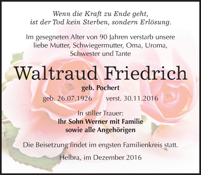  Traueranzeige für Waltraud Friedrich vom 03.12.2016 aus Mitteldeutsche Zeitung Mansfelder Land