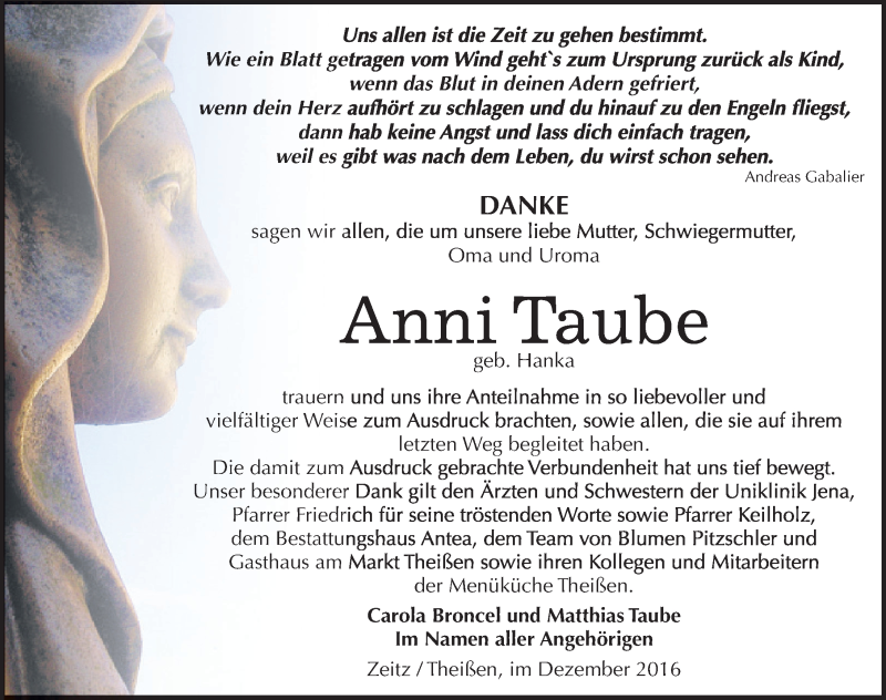  Traueranzeige für Anni Taube vom 17.12.2016 aus Mitteldeutsche Zeitung Zeitz