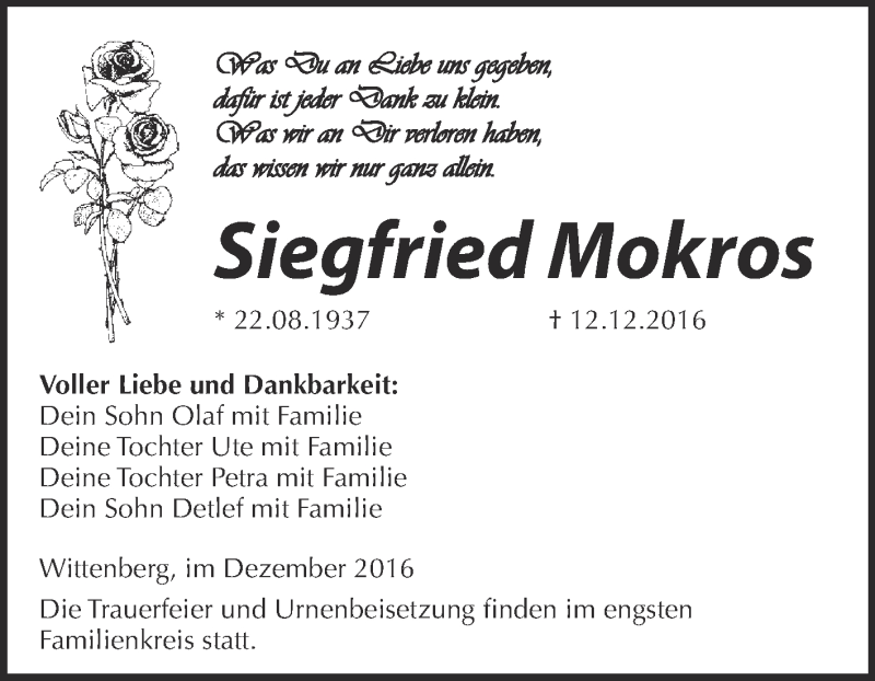  Traueranzeige für Siegfried Mokros vom 17.12.2016 aus WVG - Wochenspiegel Wittenberg