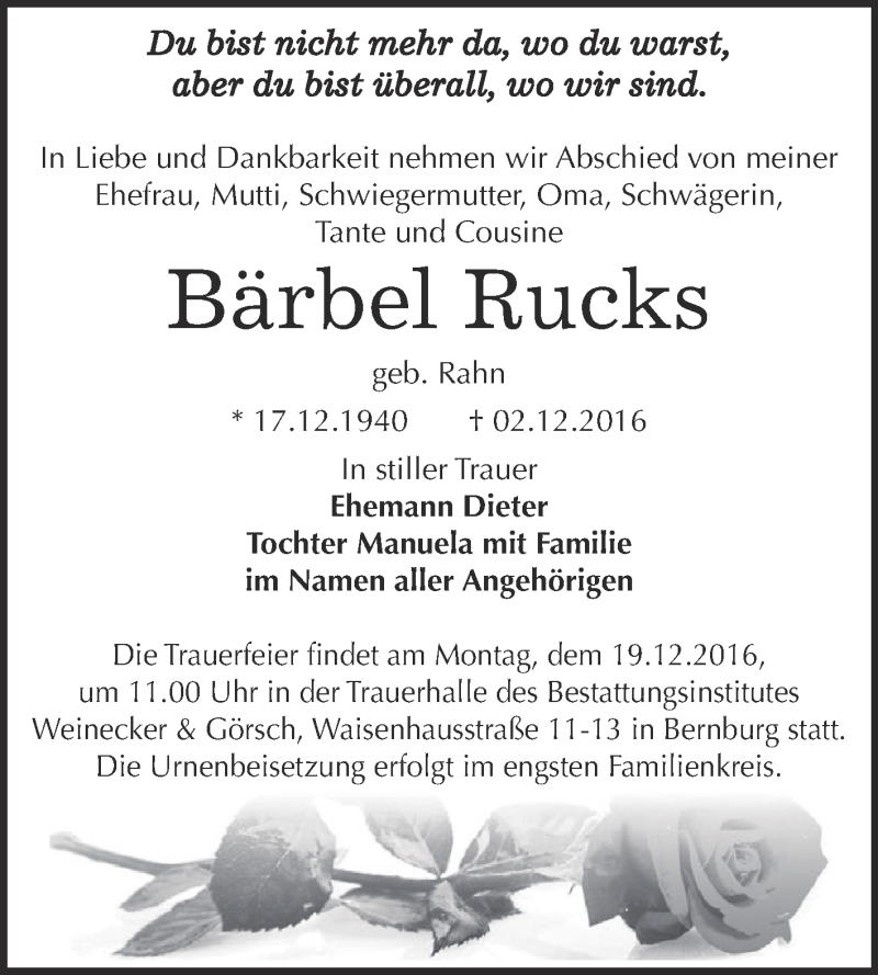  Traueranzeige für Bärbel Rucks vom 10.12.2016 aus Super Sonntag Bernburg