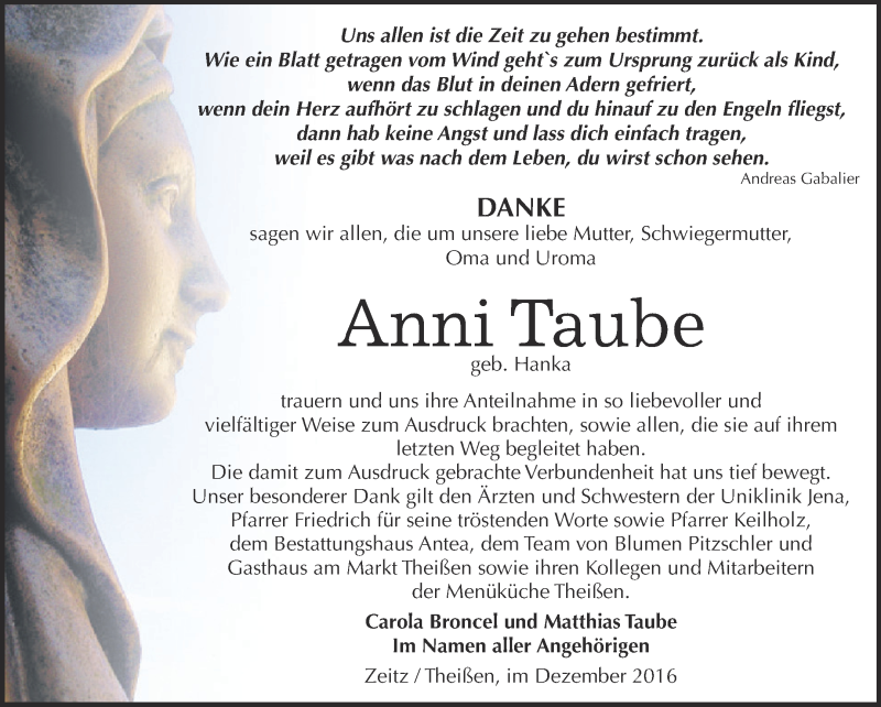  Traueranzeige für Anni Taube vom 17.12.2016 aus Super Sonntag Zeitz