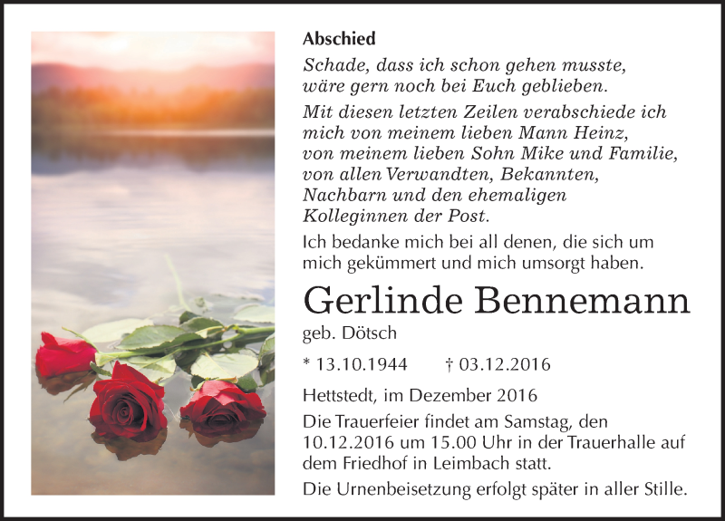  Traueranzeige für Gerlinde Bennemann vom 07.12.2016 aus Mitteldeutsche Zeitung Mansfelder Land