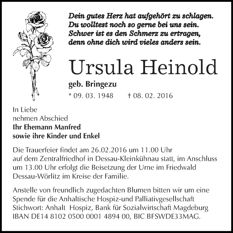  Traueranzeige für Ursula Heinold vom 13.02.2016 aus WVG - Wochenspiegel Dessau / Köthen