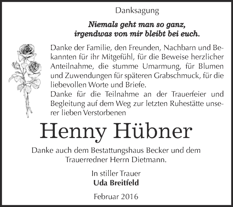  Traueranzeige für Henny Hübner vom 20.02.2016 aus Super Sonntag SGH Mansf. Land