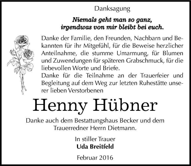  Traueranzeige für Henny Hübner vom 17.02.2016 aus Mitteldeutsche Zeitung Sangerhausen