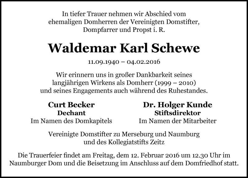  Traueranzeige für Waldemar Karl Schewe vom 09.02.2016 aus Mitteldeutsche Zeitung Naumburg/Nebra