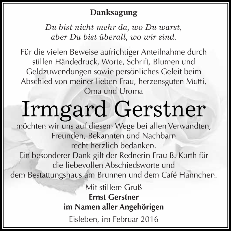 Traueranzeige für Irmgard Gerstner vom 24.02.2016 aus Wochenspiegel Mansfelder Land