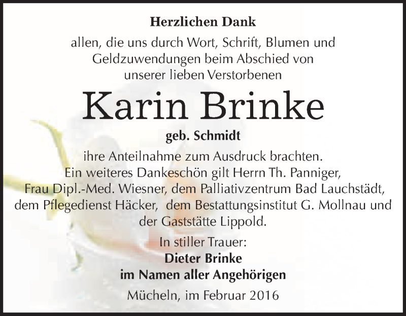  Traueranzeige für Karin Brinke vom 20.02.2016 aus WVG - Wochenspiegel Merseburg