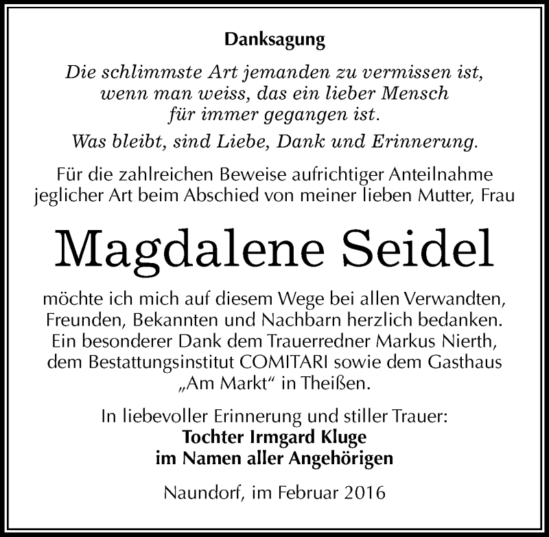  Traueranzeige für Magdalene Seidel vom 06.02.2016 aus Mitteldeutsche Zeitung Weißenfels
