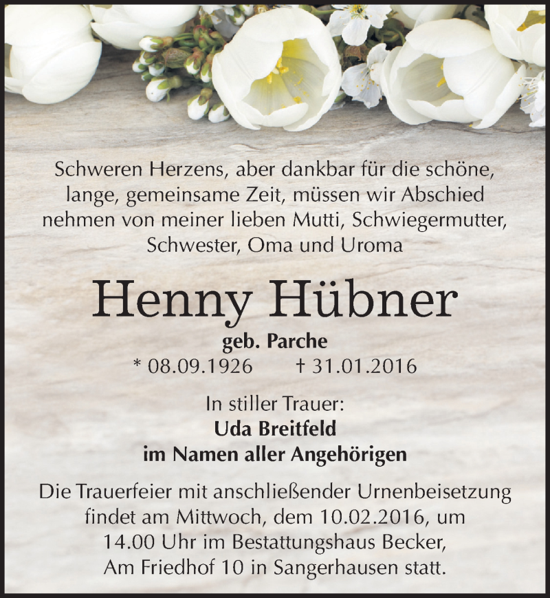 Traueranzeige für Henny Hübner vom 05.02.2016 aus Mitteldeutsche Zeitung Sangerhausen