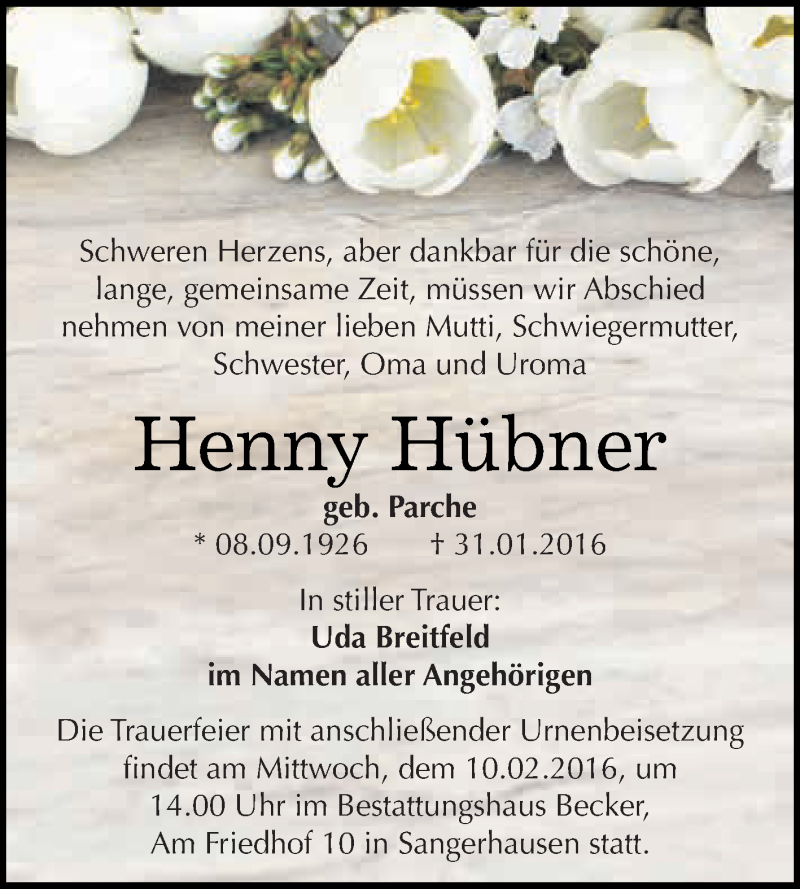  Traueranzeige für Henny Hübner vom 06.02.2016 aus Super Sonntag SGH Mansf. Land